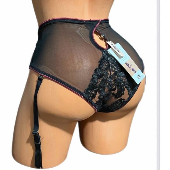 BLUEBELLA Mara High Waist Suspender Brief mesh Floral Appliqué Garter Black S - Picture 4 of 11